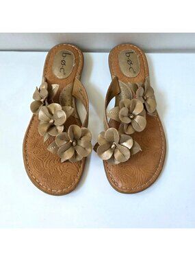 BOC Shoes Womens 8 Gold Beige Floral Flip Flop Thong Sandals Boho Beachy